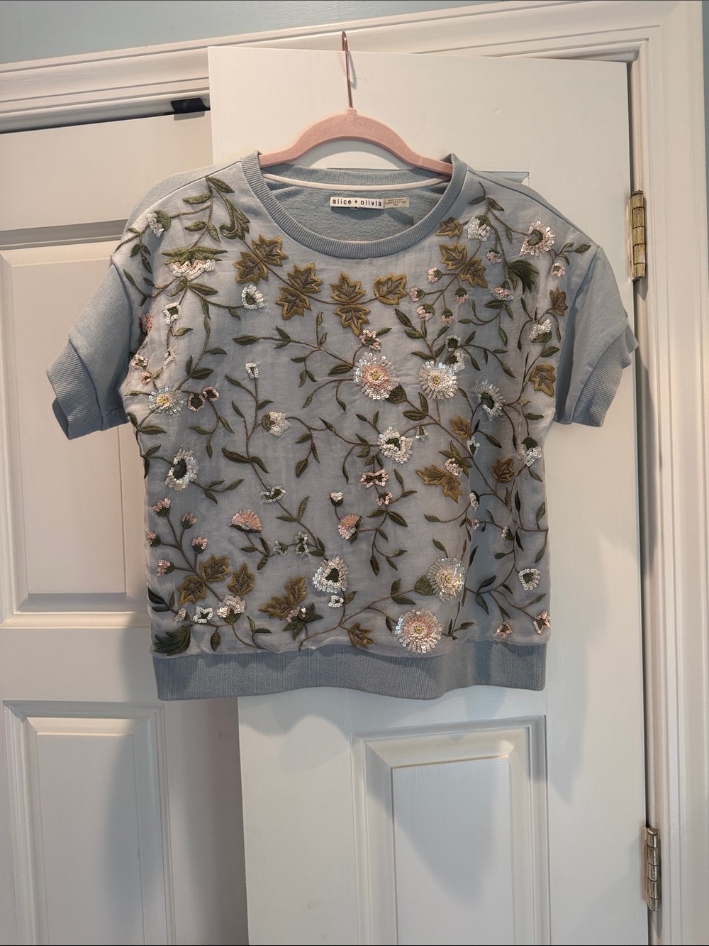 Alice + Olivia Powder Blue Floral Embroidered Short-Sleeve Top